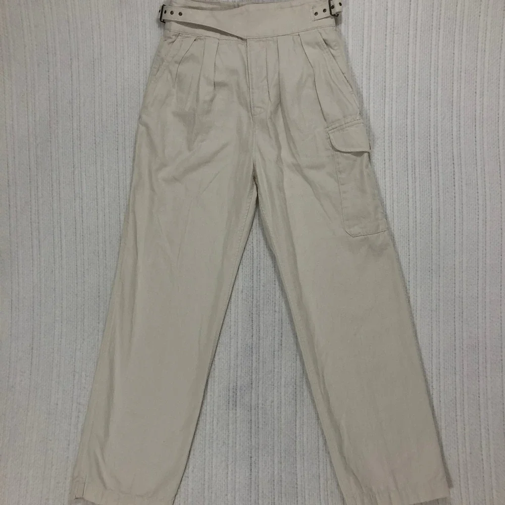 Banana Republic Cream Cotton Linen High Waist Cargo Pants Buckle Detail Size 2